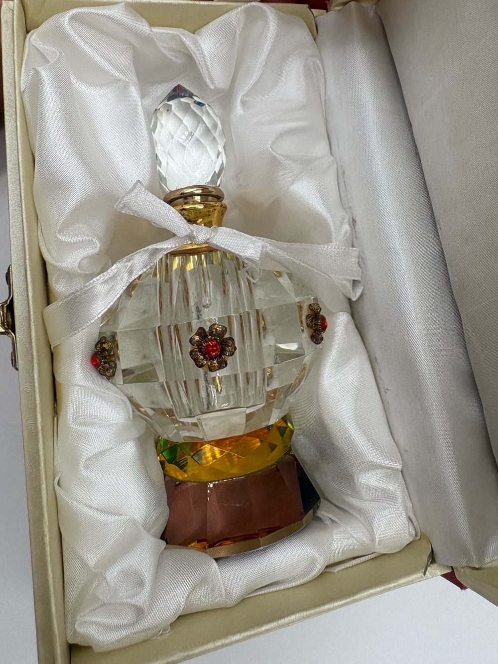 Vintage Crystal Perfume Bottle Jeweled Faceted Glass Dauber Vanity Original Box
